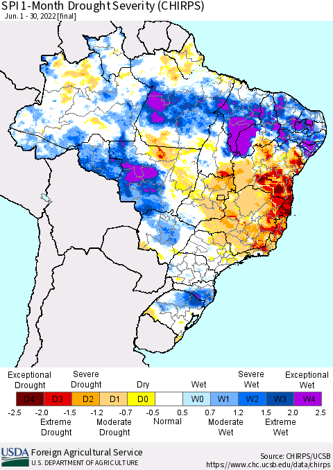 Brazil SPI 1-Month Drought Severity (CHIRPS) Thematic Map For 6/1/2022 - 6/30/2022