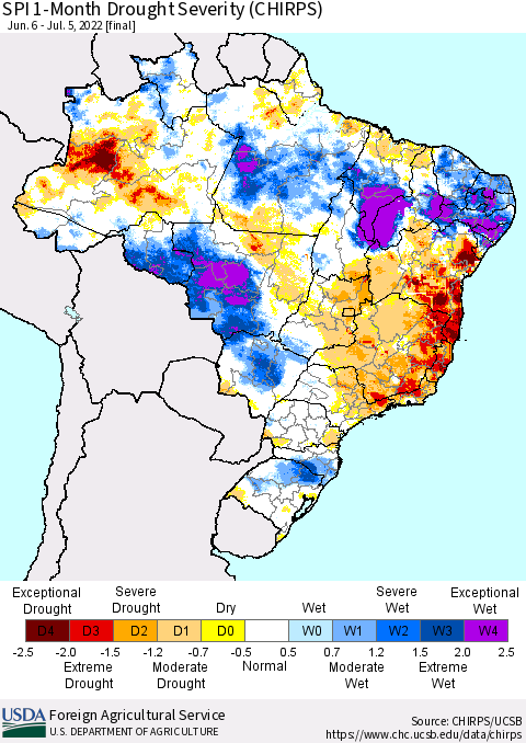Brazil SPI 1-Month Drought Severity (CHIRPS) Thematic Map For 6/6/2022 - 7/5/2022