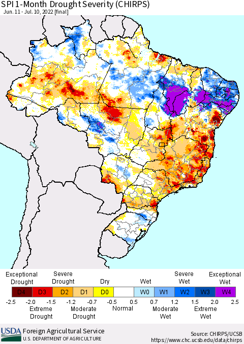Brazil SPI 1-Month Drought Severity (CHIRPS) Thematic Map For 6/11/2022 - 7/10/2022