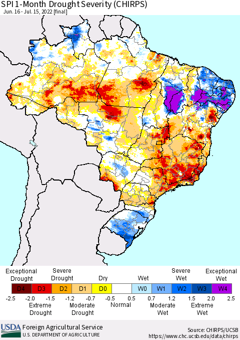 Brazil SPI 1-Month Drought Severity (CHIRPS) Thematic Map For 6/16/2022 - 7/15/2022