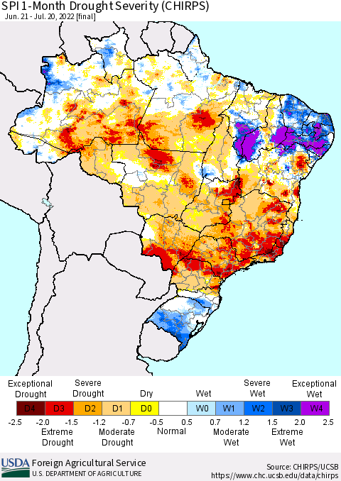Brazil SPI 1-Month Drought Severity (CHIRPS) Thematic Map For 6/21/2022 - 7/20/2022