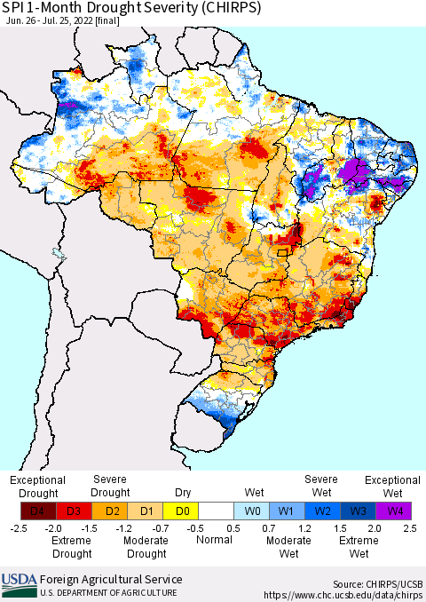 Brazil SPI 1-Month Drought Severity (CHIRPS) Thematic Map For 6/26/2022 - 7/25/2022