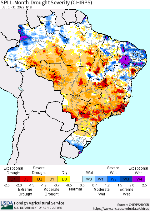 Brazil SPI 1-Month Drought Severity (CHIRPS) Thematic Map For 7/1/2022 - 7/31/2022