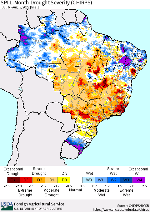 Brazil SPI 1-Month Drought Severity (CHIRPS) Thematic Map For 7/6/2022 - 8/5/2022