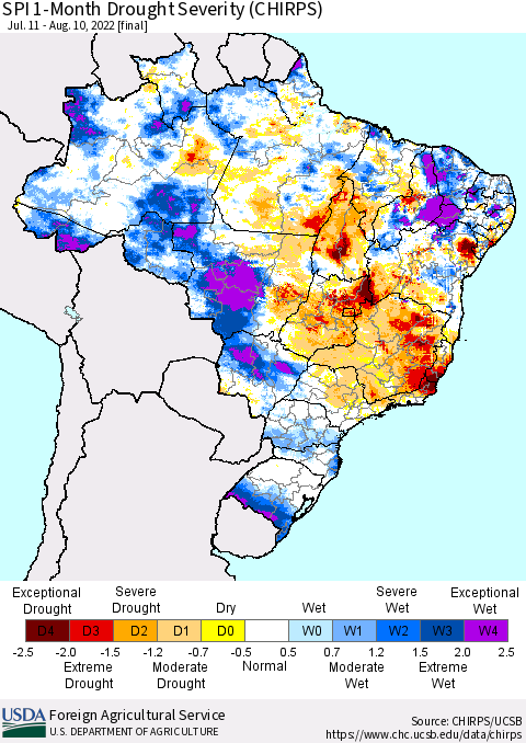 Brazil SPI 1-Month Drought Severity (CHIRPS) Thematic Map For 7/11/2022 - 8/10/2022