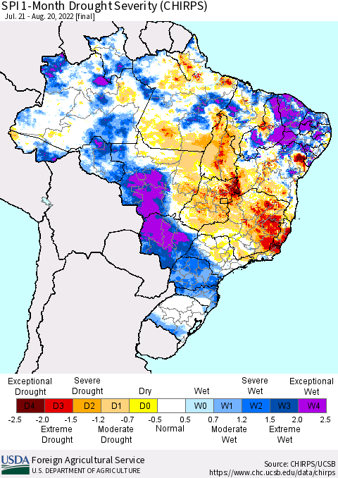Brazil SPI 1-Month Drought Severity (CHIRPS) Thematic Map For 7/21/2022 - 8/20/2022