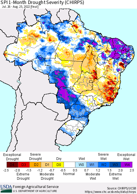 Brazil SPI 1-Month Drought Severity (CHIRPS) Thematic Map For 7/26/2022 - 8/25/2022