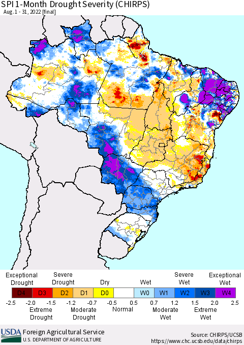 Brazil SPI 1-Month Drought Severity (CHIRPS) Thematic Map For 8/1/2022 - 8/31/2022