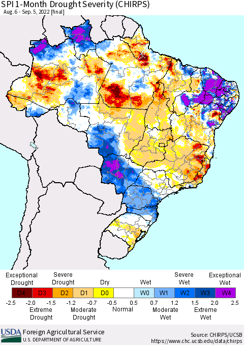 Brazil SPI 1-Month Drought Severity (CHIRPS) Thematic Map For 8/6/2022 - 9/5/2022