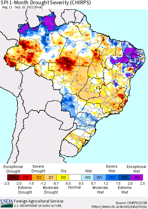 Brazil SPI 1-Month Drought Severity (CHIRPS) Thematic Map For 8/11/2022 - 9/10/2022