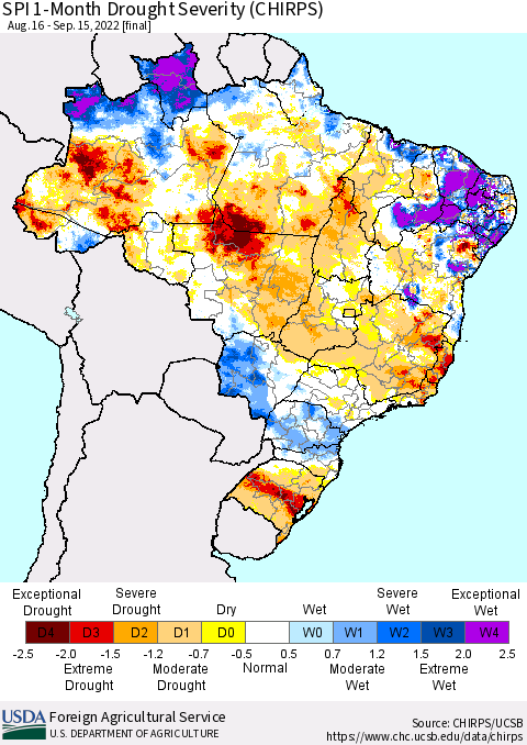 Brazil SPI 1-Month Drought Severity (CHIRPS) Thematic Map For 8/16/2022 - 9/15/2022