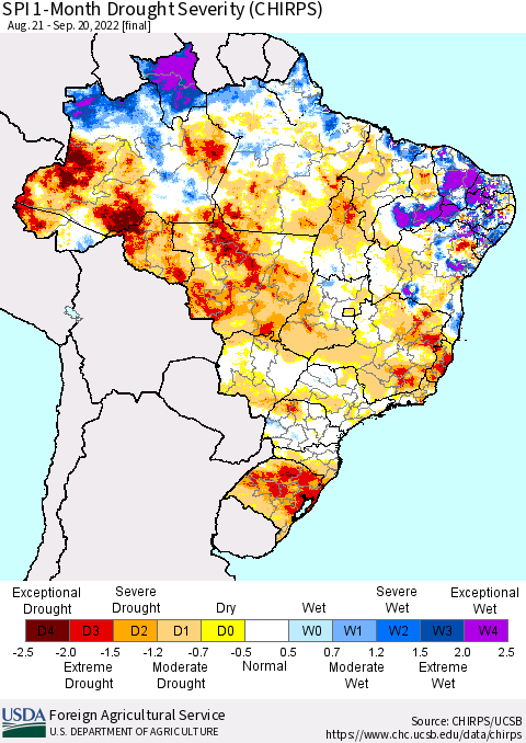 Brazil SPI 1-Month Drought Severity (CHIRPS) Thematic Map For 8/21/2022 - 9/20/2022