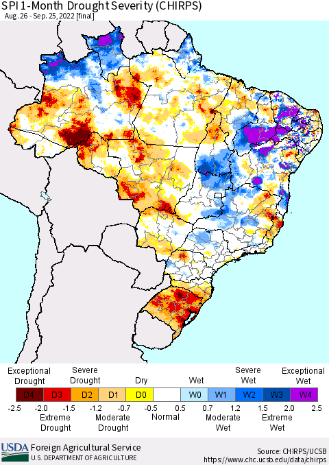 Brazil SPI 1-Month Drought Severity (CHIRPS) Thematic Map For 8/26/2022 - 9/25/2022