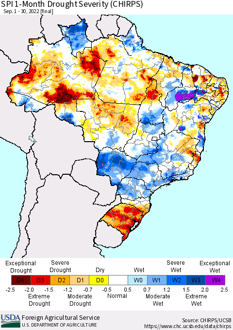 Brazil SPI 1-Month Drought Severity (CHIRPS) Thematic Map For 9/1/2022 - 9/30/2022