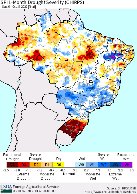 Brazil SPI 1-Month Drought Severity (CHIRPS) Thematic Map For 9/6/2022 - 10/5/2022