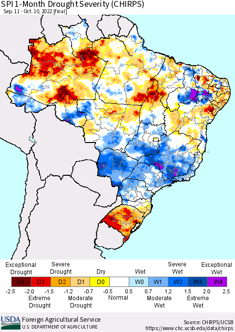 Brazil SPI 1-Month Drought Severity (CHIRPS) Thematic Map For 9/11/2022 - 10/10/2022