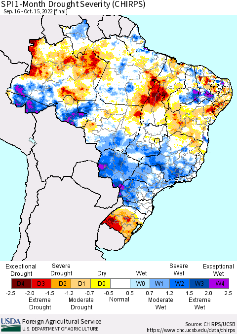 Brazil SPI 1-Month Drought Severity (CHIRPS) Thematic Map For 9/16/2022 - 10/15/2022