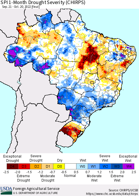 Brazil SPI 1-Month Drought Severity (CHIRPS) Thematic Map For 9/21/2022 - 10/20/2022