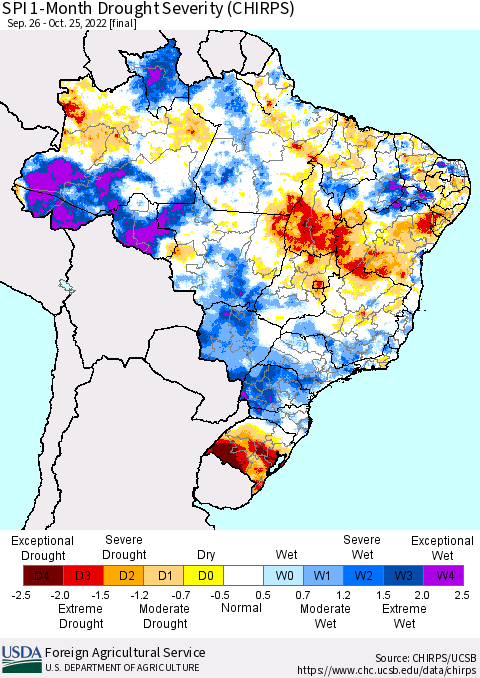 Brazil SPI 1-Month Drought Severity (CHIRPS) Thematic Map For 9/26/2022 - 10/25/2022