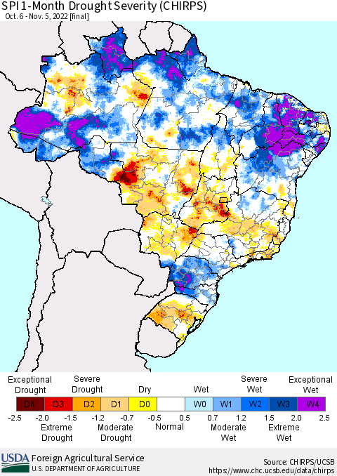 Brazil SPI 1-Month Drought Severity (CHIRPS) Thematic Map For 10/6/2022 - 11/5/2022