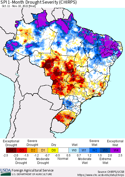 Brazil SPI 1-Month Drought Severity (CHIRPS) Thematic Map For 10/11/2022 - 11/10/2022