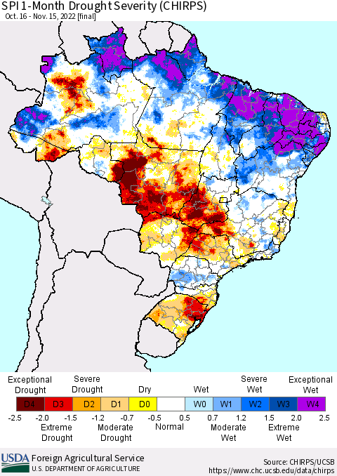 Brazil SPI 1-Month Drought Severity (CHIRPS) Thematic Map For 10/16/2022 - 11/15/2022