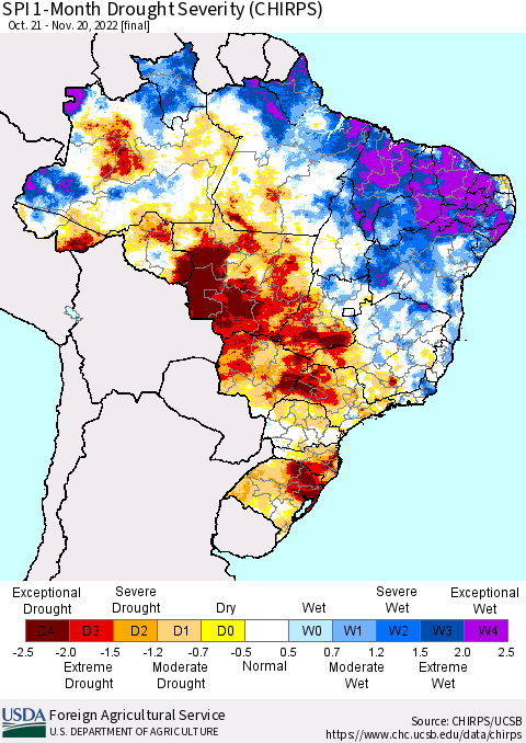 Brazil SPI 1-Month Drought Severity (CHIRPS) Thematic Map For 10/21/2022 - 11/20/2022