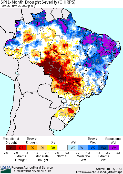 Brazil SPI 1-Month Drought Severity (CHIRPS) Thematic Map For 10/26/2022 - 11/25/2022