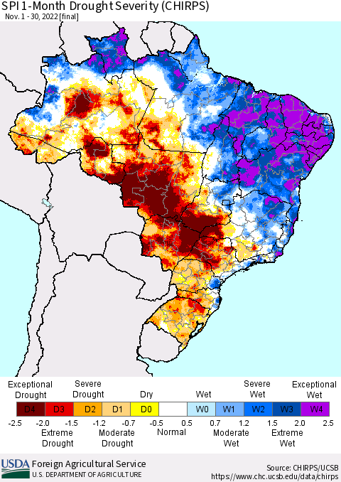 Brazil SPI 1-Month Drought Severity (CHIRPS) Thematic Map For 11/1/2022 - 11/30/2022