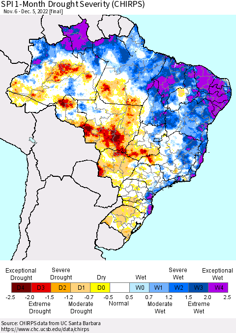 Brazil SPI 1-Month Drought Severity (CHIRPS) Thematic Map For 11/6/2022 - 12/5/2022