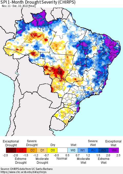 Brazil SPI 1-Month Drought Severity (CHIRPS) Thematic Map For 11/11/2022 - 12/10/2022