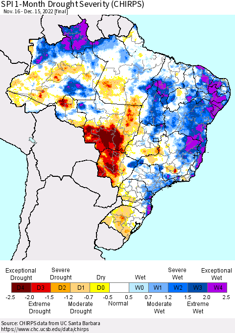 Brazil SPI 1-Month Drought Severity (CHIRPS) Thematic Map For 11/16/2022 - 12/15/2022