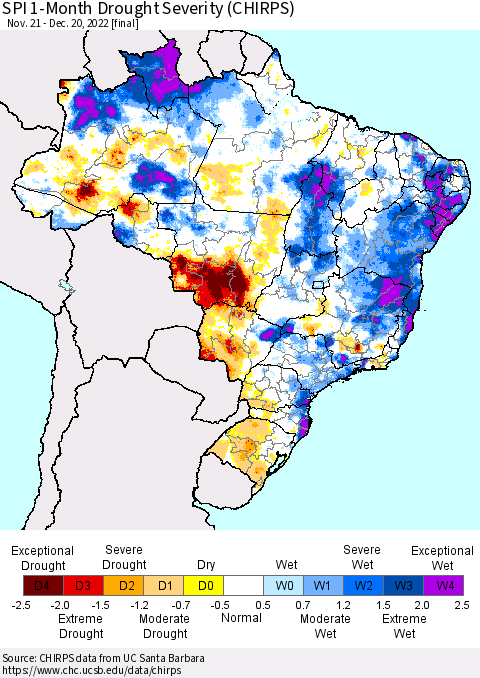 Brazil SPI 1-Month Drought Severity (CHIRPS) Thematic Map For 11/21/2022 - 12/20/2022
