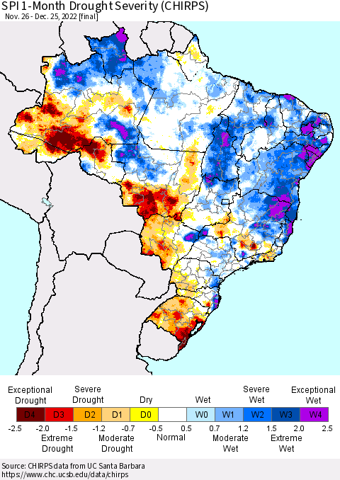 Brazil SPI 1-Month Drought Severity (CHIRPS) Thematic Map For 11/26/2022 - 12/25/2022