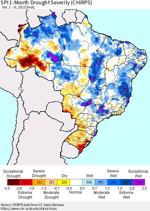 Brazil SPI 1-Month Drought Severity (CHIRPS) Thematic Map For 12/1/2022 - 12/31/2022
