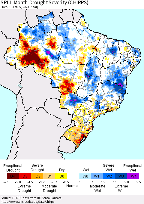 Brazil SPI 1-Month Drought Severity (CHIRPS) Thematic Map For 12/6/2022 - 1/5/2023