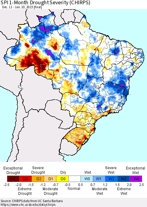 Brazil SPI 1-Month Drought Severity (CHIRPS) Thematic Map For 12/11/2022 - 1/10/2023