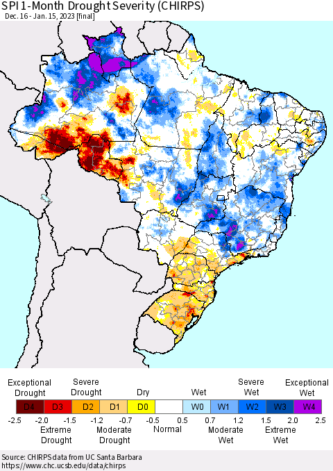 Brazil SPI 1-Month Drought Severity (CHIRPS) Thematic Map For 12/16/2022 - 1/15/2023