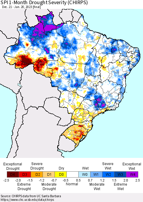 Brazil SPI 1-Month Drought Severity (CHIRPS) Thematic Map For 12/21/2022 - 1/20/2023