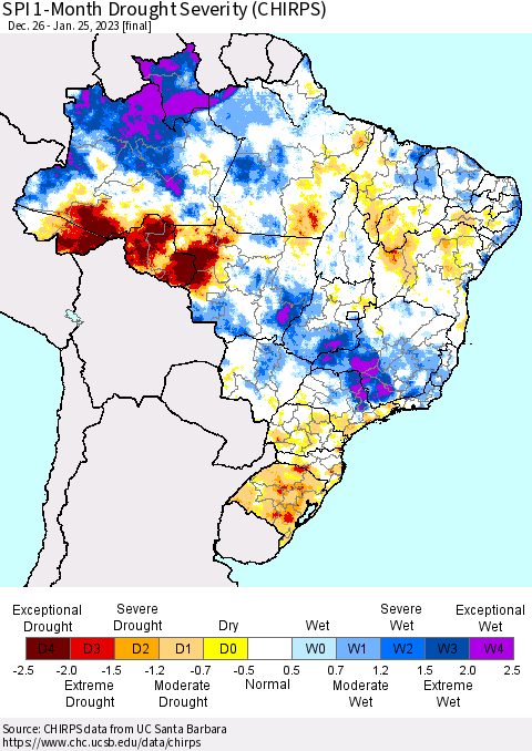Brazil SPI 1-Month Drought Severity (CHIRPS) Thematic Map For 12/26/2022 - 1/25/2023