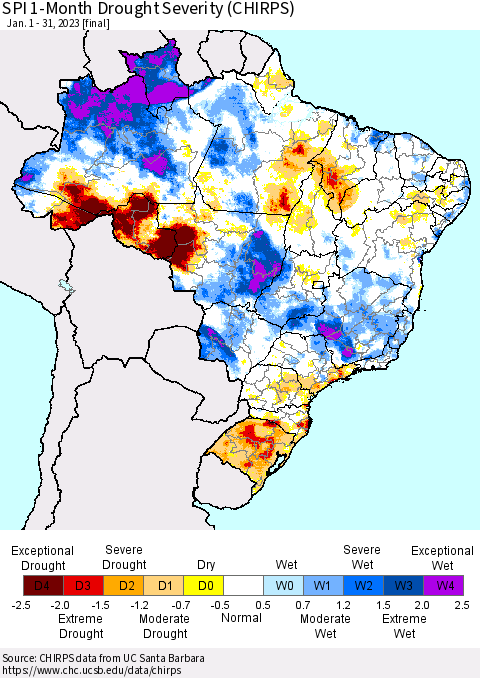 Brazil SPI 1-Month Drought Severity (CHIRPS) Thematic Map For 1/1/2023 - 1/31/2023