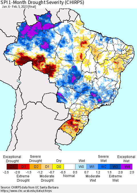 Brazil SPI 1-Month Drought Severity (CHIRPS) Thematic Map For 1/6/2023 - 2/5/2023