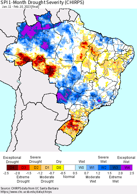Brazil SPI 1-Month Drought Severity (CHIRPS) Thematic Map For 1/11/2023 - 2/10/2023