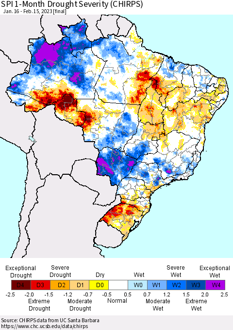 Brazil SPI 1-Month Drought Severity (CHIRPS) Thematic Map For 1/16/2023 - 2/15/2023