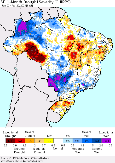 Brazil SPI 1-Month Drought Severity (CHIRPS) Thematic Map For 1/21/2023 - 2/20/2023