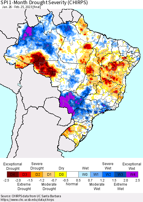 Brazil SPI 1-Month Drought Severity (CHIRPS) Thematic Map For 1/26/2023 - 2/25/2023