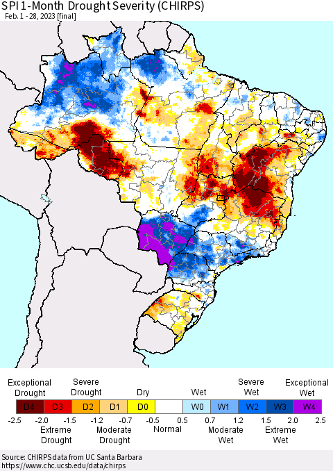 Brazil SPI 1-Month Drought Severity (CHIRPS) Thematic Map For 2/1/2023 - 2/28/2023