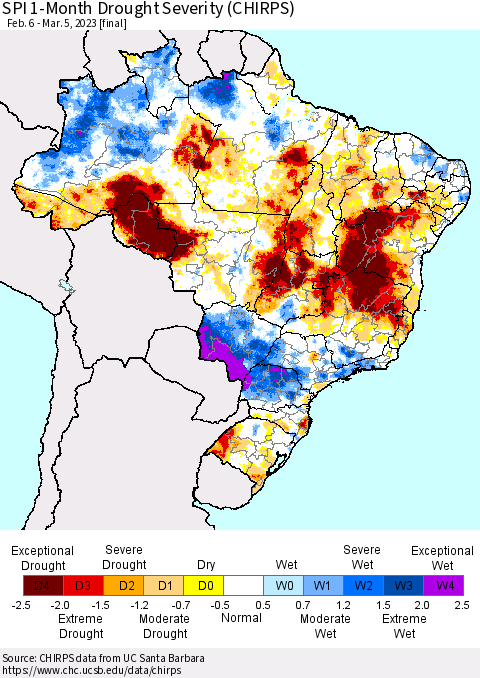 Brazil SPI 1-Month Drought Severity (CHIRPS) Thematic Map For 2/6/2023 - 3/5/2023