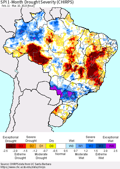 Brazil SPI 1-Month Drought Severity (CHIRPS) Thematic Map For 2/11/2023 - 3/10/2023