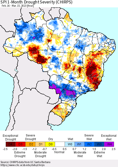 Brazil SPI 1-Month Drought Severity (CHIRPS) Thematic Map For 2/16/2023 - 3/15/2023
